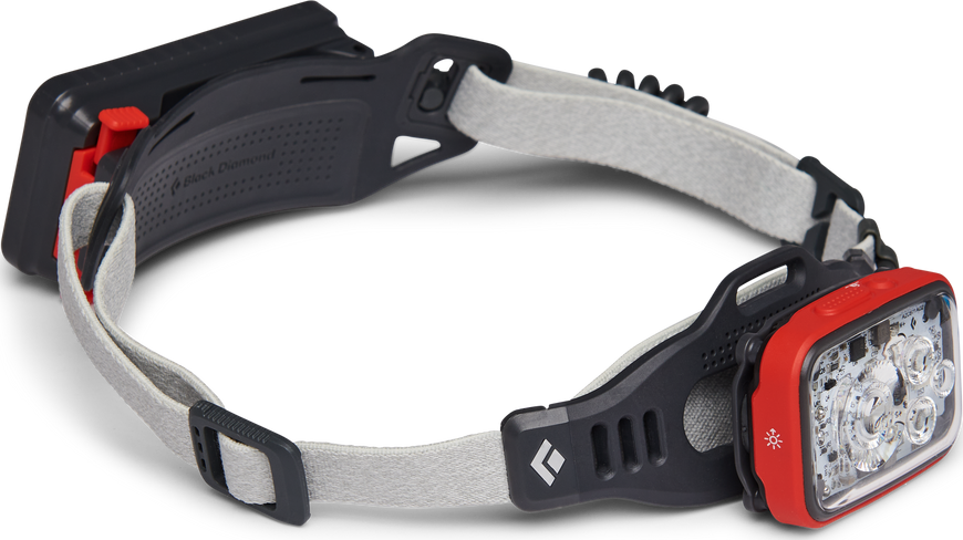 Black Diamond Distance 1500 hodelykt med batteripakke bak i oransje